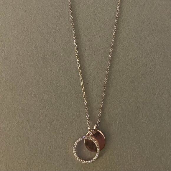 Rose Gold Tone Dainty Rhinestone Circle Pendant Necklace - Picture 2 of 2